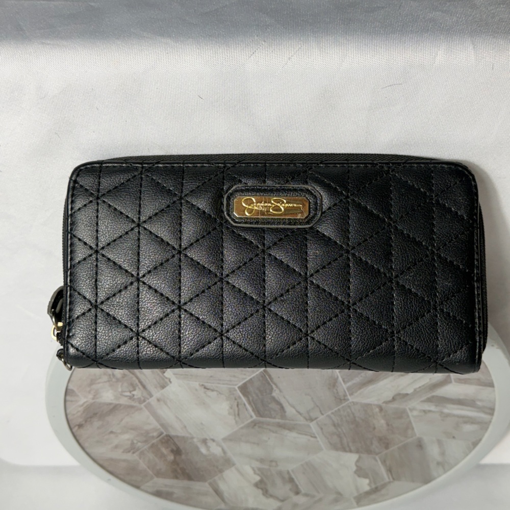 Jessica Simpson Black Quilted Zip Around Wallet Gold Logo Leopard Lining Women